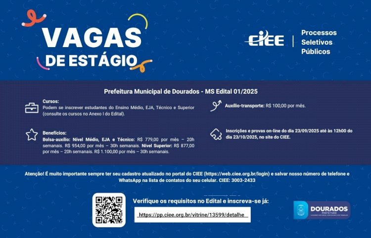 Prefeitura recebe inscrições para estágio de estudantes com bolsa de até R$ 1,1 mil